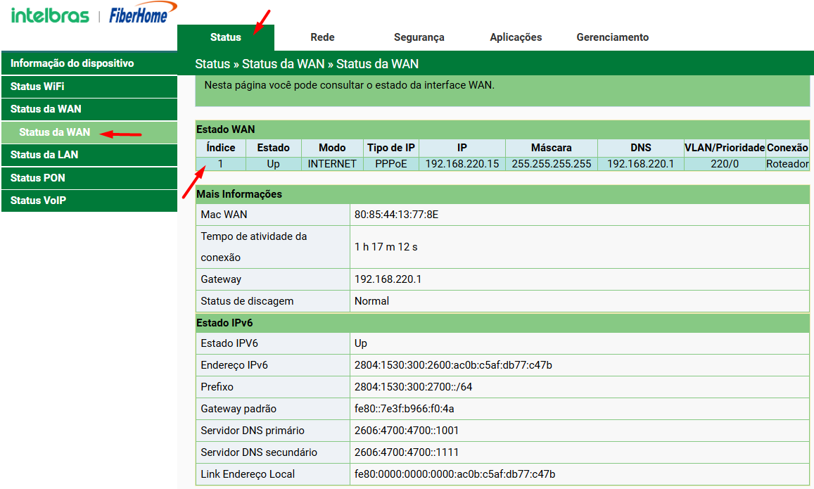 Status da interface WAN PPPoE