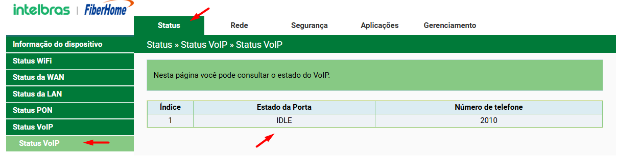 Status da conta VoIP