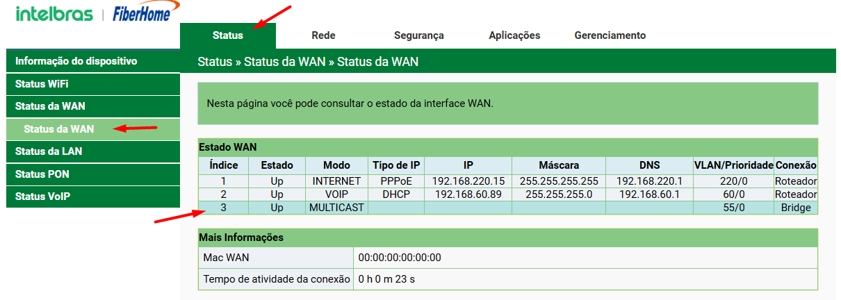 Status da interface WAN