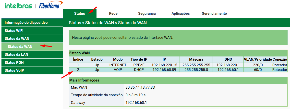  Status da interface WAN DHCP