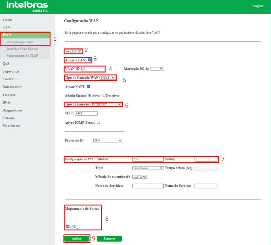 Configuração Wan PPPoE