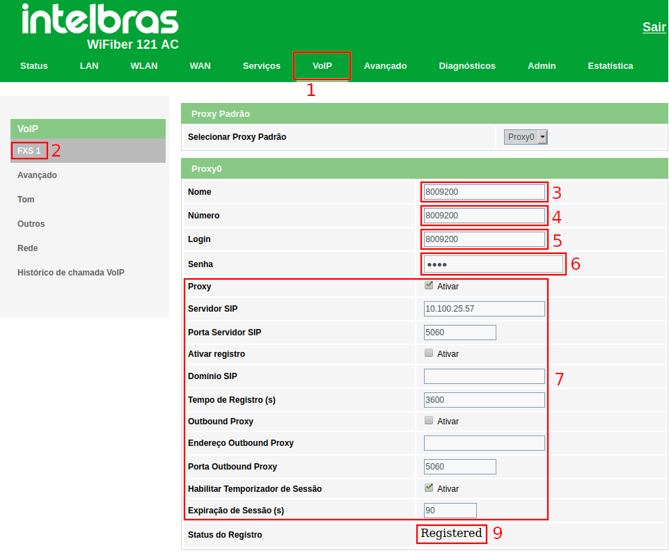 Configuração na porta FXS